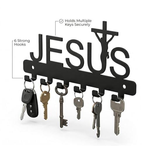 Image of Ventuos Metal Wall Mounted Key Holder with 6 Hooks, Jesus Design, Key Organizer for Home Office Bedroom Entryway