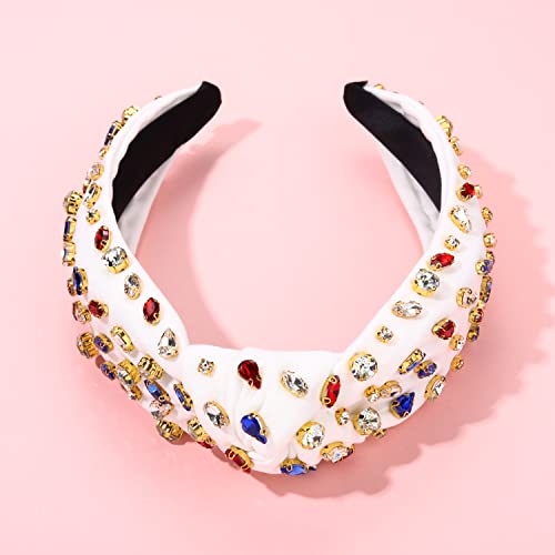 Cenapog American Flag Rhinestone Knotted Headband For Women Sparkly Red White Blue Crystal Embellished Hairbands Twist Turban Headband Elastic Wide Velvet Hair Hoop 4Th Of July Independence Day Headwear For Girls #TOP2