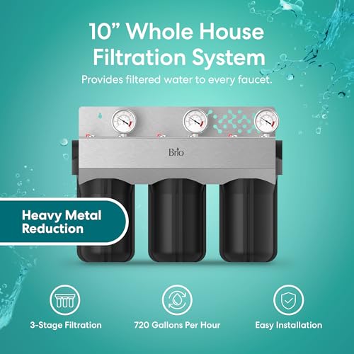 Brio Whole House Water Filter System for Heavy Metal Reduction w/Gauges | 3 Stage Fast-Flow Filtration (Sediment, GAC + KDF, CTO Carbon Block) 4.5" x 10" Filters | Protects Home Appliances | 720 GPH by Brio - Image 2
