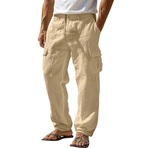Men's Linen Pants Multi Pockets Straight Leg Summer Trousers Comfortable Breathable Outdoor Loose Pants Basic