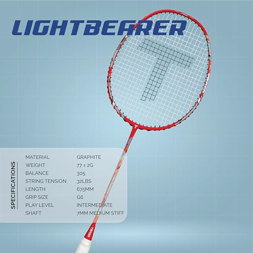 Image of TANSO Lightbearer Full Graphite Ultra Light Weight Carbon Fibre Strung Badminton Racket (32 Lbs Tension, 675 mm Long, 77 Grams, Strung with Premium Strings and Full Racquet Cover)