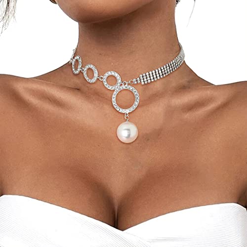 Elabest Sparkly Rhinestone Necklace Pearl Necklace Crystal Choker Circle Necklace Trendy Tennis Chain Dainty Wedding Bridal Bridesmaid Jewelry For Women And Girls (Silver) #TOP28
