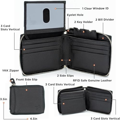 RFID Safe Leather Bi-fold Chain Wallet for Men Zip around Purse for Women Biker's Trucker YKK Metal Zipper Closure Filp up window ID (Black with Chain)2