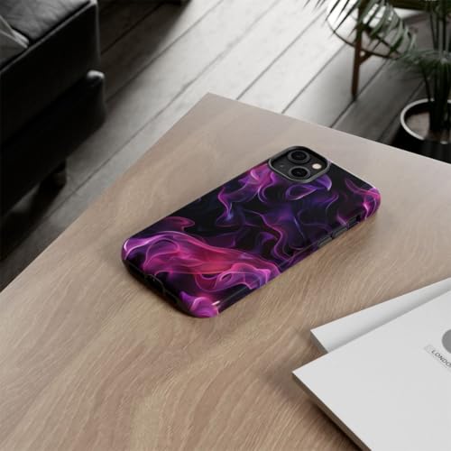Coque iPhone 14 Plus flammes violettes et roses rigide et brillante