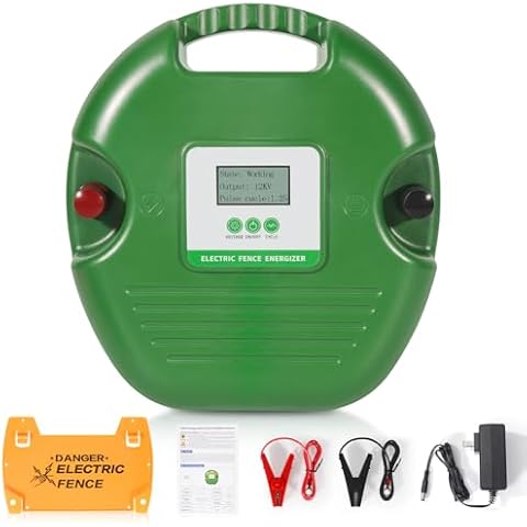 Electric Fence Charger for Livestock – 15-Joule Electric Fence Energizer， Adjustable 8/10/12kV Output, Weatherproof Fence Charger, Covers 25 Miles/600 Acres Cover