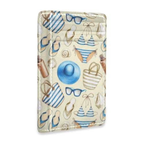 susiyo Summer Flip Flop Seashell Pattern Slim Minimalist Wallet Front Pocket Wallets PU Leather Rfid Blocking Credit Card Holder