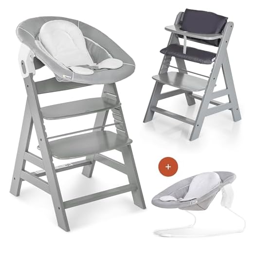 Hauck Alpha Plus Newborn Set - Chaise Haute Bébé en Bois - Évolutive dès naissance/Inclus Transat pour nouveau-né, Coussin assise, Hauteur réglable - Gris/gris