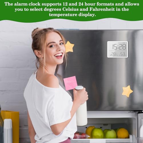 WIYETY Despertador digital blanco: pequeño reloj despertador de viaje digital con temperatura humedad, 12/24 horas ℃/℉, despertador magnético para colgar en la pared para el hogar cocina baño - imagen 5