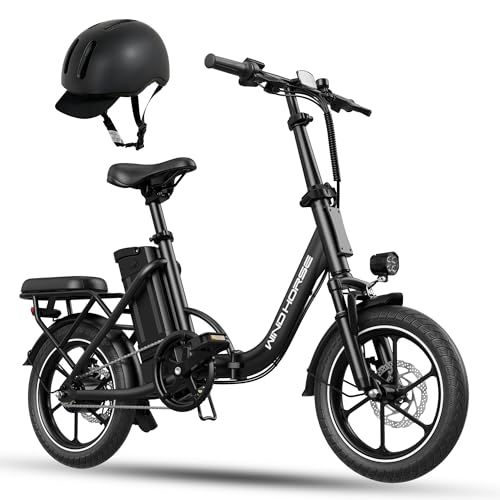 WINDHORSE 16" Folding Electric Bike for Adults, 630W Peak Motor, 20MPH, 19&ndash;35 Miles Pedal Assist Range, LCD Display, Suspension, Dual Disc Brakes, Removable Battery, Commuter Ebike with Helmet