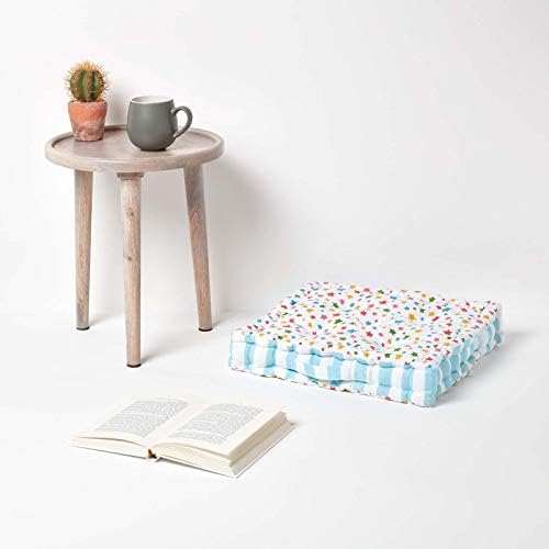 HOMESCAPES - Star Multi - 100% Cotton - Floor Cushion - Blue Orange White - 40 x 40 x 8 cm Square - Indoor - Garden - Dining Chair Booster - Seat Pad Cushion