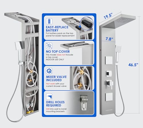 ROVOGO Shower Panel Tower System with Led Lights, 2-Setting Shower Head, Body Jets, Handheld and Tub Spout, Stainless Steel Shower Column with Mixer Valve, 46.5\", Brushed - Thumbnail 2