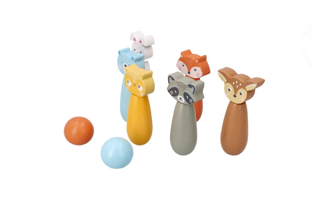 Kegelspiel für Kinder, 6 Kegel, 2 Bälle - Bowling-Set für Kinder, Waldtier-Figuren - Bemaltes Holz - Spielzeug ab 3 Jahre - Outdoor, Indoor - Kinderball, Geburtstag, Geschenk