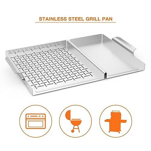 Onlyfire BBQ Grill Tray, Stainless Steel Grill Topper Grill Pan with Holes and Handle for Grilling Veggies, Meat & Seafood, Outdoor Flat Top Grilling Basket for Any Grills - Thumbnail 3
