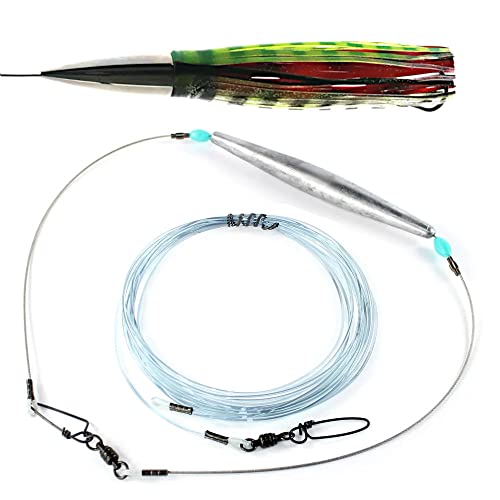 Wahoo Trolling Lure Kits with Weight and Shock Leader | High Speed or Slow Troll (High Polish | Red/Green UV)