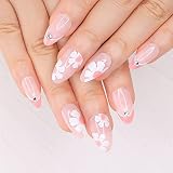 morily 24pcs Pink Fake Nails Medium Length Long Press on Nails Almond White Flower False Nail Tips w