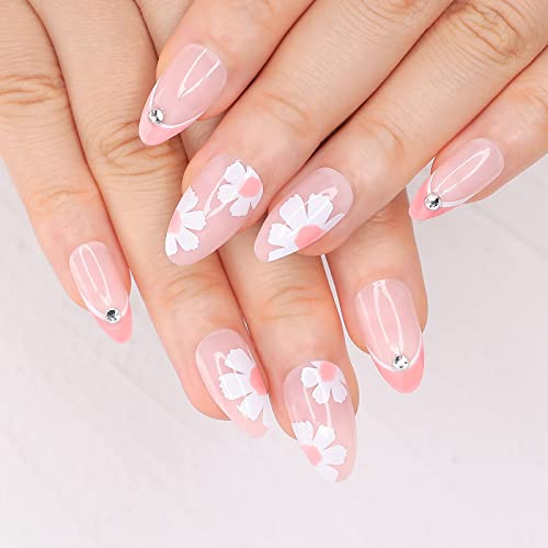 Morily 24Pcs Pink Fake Nails Medium Length Long Press On Nails Almond White Flower False Nail Tips With Rhinestones Design Glossy Artificial Finger Manicure Acrylic Stick On Nails For Women And Girls #TOP14
