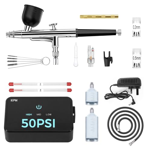 50 PSI Airbrush Kit with Compressor, High Pressure Air Brush with 0.2/0.3/0.5mm Nozzle/Cleaning Sets, Dual-Action Airbrush Gun for Painting, Modeling, Cake Decor, Nail Art, Makeup