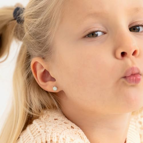 925 Sterling Silver Simulated Opal Round Prong Set Safety Screw Back Earrings For Young Girls - Little Girls Round Shaped Glimmering Earrings - Sparkly Round Earrings For Children3