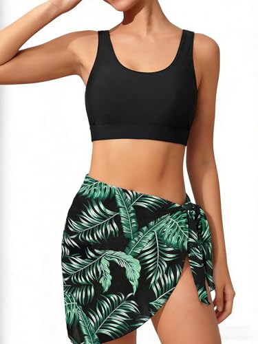 Image of Teen Girls Swimsuit High Waist Sporty Bikini Bathing Suits with Cover Up Skirt and Sunglasses 4 Piece Set 8-15 Years
