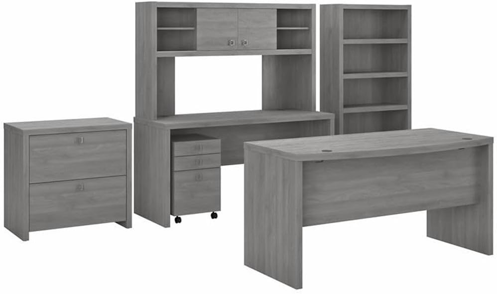 Bush Business Furniture Office by Kathy Ireland® Echo Bow Front Desk, Credenza with Hutch, Bookcase and File Cabinets in Modern Gray