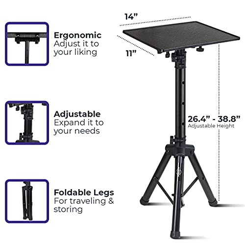 Starument Laptop Stand - Tripod Floor Stand for Computer, Projector, DJ Equipment, Studio Accessories - Light & Portable, Sturdy & Durable Metal - Adjustable Height, 26.4 to 38.8-Inch - 14x11" Tray