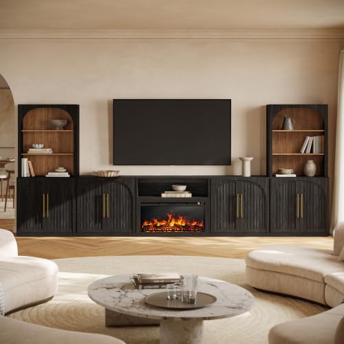 BELLEZE Jagger 170" Wall Unit TV Stand with 36" Electric Fireplace - Ebony | 7-Piece Modular Wall Unit Entertainment Center,4 Arched Wood Door Cabinet,1 Fireplace Cabinet and 2 Hutch,For TV Up to 98"