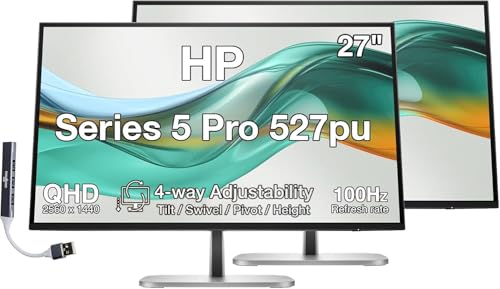 Image of HP Series 5 Pro 527pu 27 inch QHD USB-C Docking Monitor 2 Pack | 4-Way Tilt /Swivel /Pivot /Height, VESA Mount, Displayport, Black /Silver, W /DKZ Hub & Dual Mount Arms