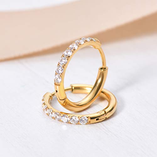 Image of Hypoallergenic Unisex Surgical Steel Small Cubic Zirconia Huggie Hoop Earring, Color Gold - Silver - Rose Gold - Black - Rainbow, Size 6mm- 12mm Safe for Sensitive Ear