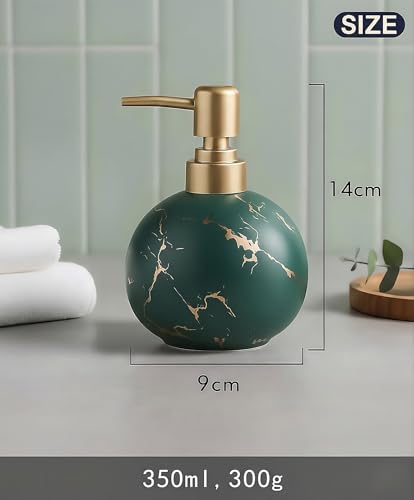 Image of Luxury Ceramic Soap Dispenser (Luxe Green) - 350ml Round Modern Refillable Lotion Shampoo Handwash Bottle Matte Green with Gold Marbling Premium Countertop Accessory for Bathroom, Kitchen & Wash Basin