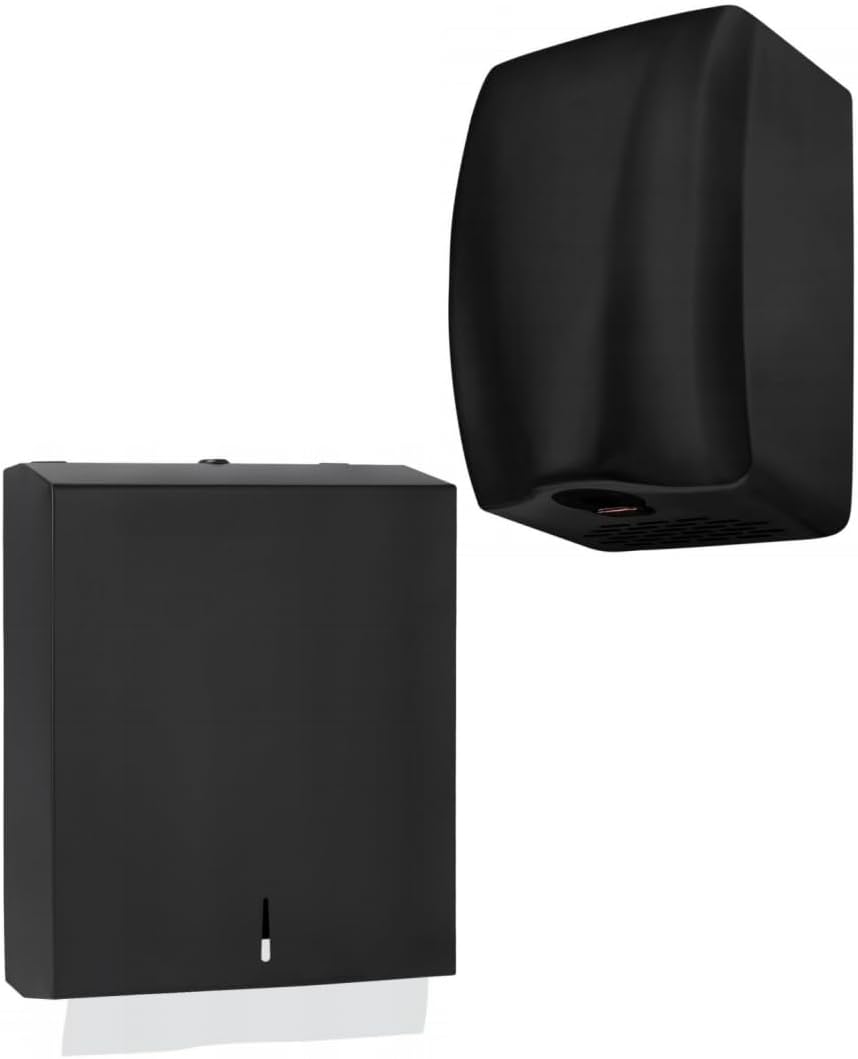 Stainless Steel Matte Black Bathroom Hand Dryer with HEPA Filter & Matte Black Wall Mounted 400 C Fold/525 Multifold Towels Capacity Paper Towel Dispenser Bundle