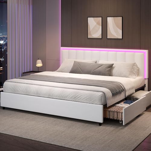 IMMERSTABLE King Size Bed Frame with 4 Storage Drawers, Upholstered Bed Frames with Headboard, RGB LED Lights, Heavy Duty Metal and Wood Slat Support, No Box Spring Needed, Easy Assembly,White