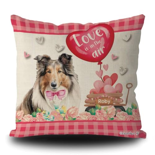 GABSHAIM Watercolor Dog Valentines Day Pillow Cover Collie Love is in The Air Hearts Balloon Anniversary Wedding Home Decor Pillow Case Linen Custom
