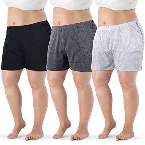 Zhanmai 3 Stück Übergröße, zum Überziehen, elastische Baumwollshorts, elastische Taille, Shorts für Damen, Schwarz, Dunkelgrau, Hellgrau., XX-Large Cover