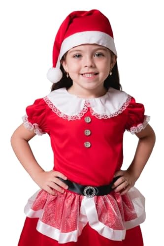 Fantasia Mamae Noel Infantil Vestido Manga Fofa Gola Com Gorro
