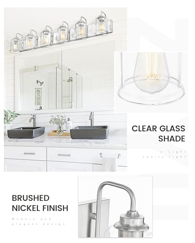 Image of zeyu 6-Light Bathroom Wall Light Fixture, 44 Inch Modern Nickel Vanity Lighting Fixtures for Bedroom, Brushed Nickel Finish with Clear Glass Shade, ZSL72B-6W BN