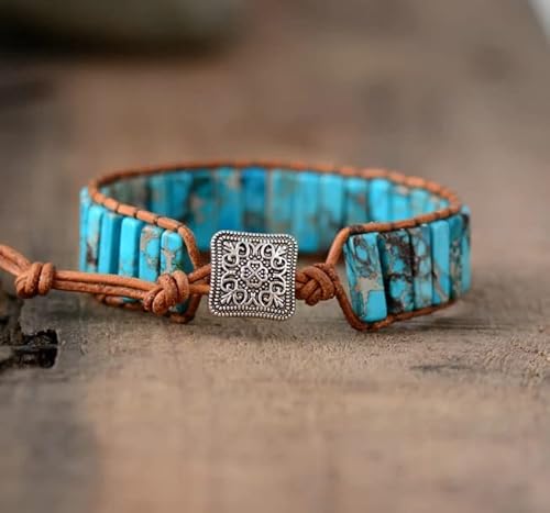 Sofiacreations Natural Gemstone Crystal Tube Beads Handmade Cuff Wrap Bradied Leather Bracelet, Lapis Lazuli, Tiger's Eye, Turquoise, Sea Sediment Jasper (Turquoise) #TOP1