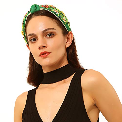 Qtmy Rhinestone Crystal Wide Headbands Knot Turban Fashion Vintage Hairband Elastic Hair Hoops Hair Accessories For Women Girls (Green) #TOP5