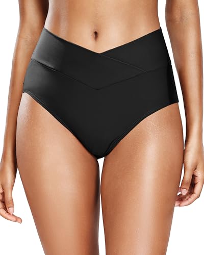 Women V Cut Full Coverage Bikini Bottom - High Waist Swim Bathing Suit Bottoms Cross V Front Swimsuit Black M