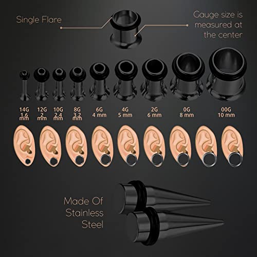 BodyJ4You 36PC Ear Stretching Kit - Beginner Gauges 14G-00G Starter Set - Black Stainless Steel Tapers Single Flare Plugs Tunnels O-Rings - Women Eyelet Mens Earrings Expander Piercing Jewelry