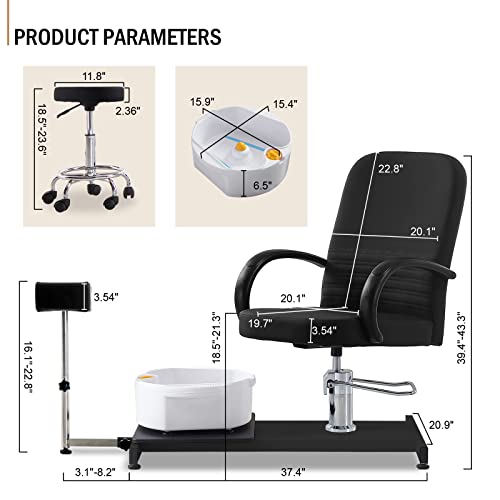 Okakopa Pedicure Station Chair Unit, Hydraulic Lift Adjustable Pedicure Chair Station W/Rolling Stool, Footrest, Foot Basin, 360 Swivel Height Adjustable Pedicure Unit Station (Black) #TOP6