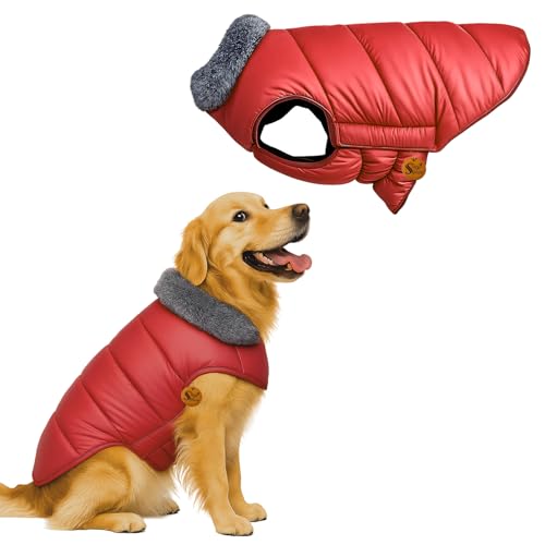 Image of Sage Square Dog Jacket Winter Coat with Fur Collar, Light Weight, Ultra Warm Windproof, Waterproof Dog /Puppy Jacket for Cold Weather, Thicker Fleece (Red, Large - 26inch)