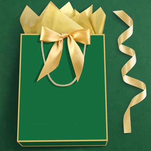 Image of JMANNI 1PCS Gift Bag with Ribbon and 1 Greeting Card 2 Tissue Papers, Portable Paper Gift Bag with Handles, Birthday Present Bags for Wedding Party,Mothers Day 12.6 inch x 9.8 inch x 3.9 inch(green gold