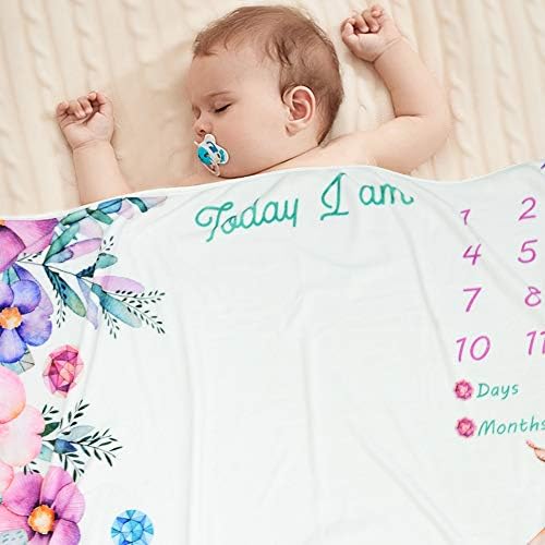 Baby Monthly Milestone Fleece Blanket for Boys Girls, Large Floral Leafs Unicorn Printed Growth Soft Comfortable Blankets with 2 Felt Photo Frame 40 x 60 Inches