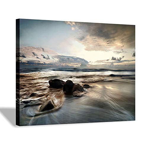 Beach Picture Canvas Wall Art: Rocky Wave Artwork Sunset Painting Seascape Print For Office (16'' X 12'' X 1 Panel) #TOP22