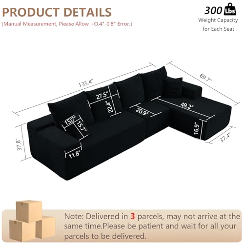 Image of 134.5 inch Modular Sectional Sofa, Modern Corduroy Cloud Couch with Deep Seat, Boneless Couch Upholstered 4-Seater L-Shaped Sofa for Living Room, No Assembly Required (Black, Right-Facing Chaise)