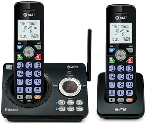 AT&T DECT 6.0 Cordless Phone, 2-Handset – Smart Call Blocker, Bluetooth Connect to Cell, Caller ID Announce, Answering Machine | DL72279