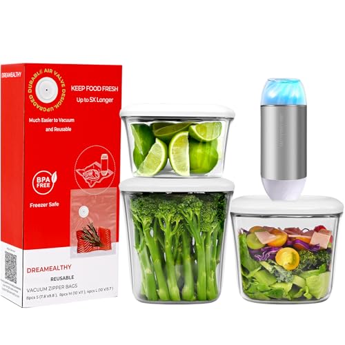Image of DREAMEALTHY Bundle 1L+1.5L+2L Vacuum Seal Containers with Compact Handheld Vacuum Sealer, 2 Sous Vide Bags. 20 Reusable Vacuum Sealer Bags(8 Small, 8 Medium, 4 Large)