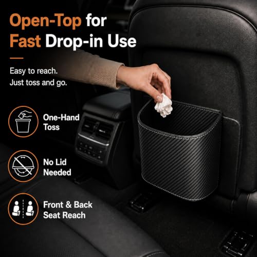 Image of COZILO Leather Car Trash Can - Leakproof & Easy-to-Clean Car Garbage Can for Luxury Cars, SUVs & Trucks | Includes 60 Custom Liners, Secure Hook, Easy Install, Carbon Fiber