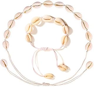 kuou 2 Pcs Shell Necklace Bracelet, Shell Bracelet Shell Necklace Choker Shell Bracelet Shell Clavicle Necklace Natural Shell Choker for Women