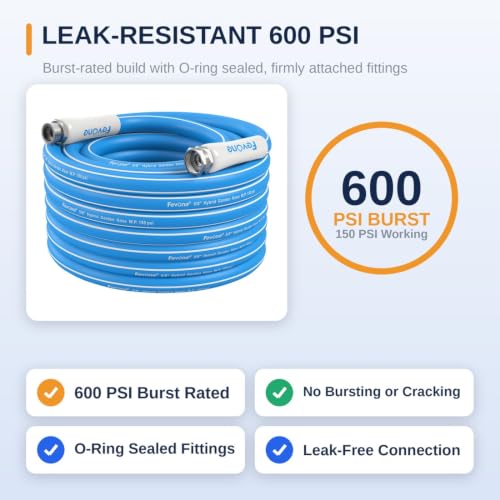 Image of FEVONE Kink Free Garden Hose 50 ft, Heavy Duty Water Hose | Flexible Hybrid Polymer, Drinking Water Safe, 5 /8 ID, 600 PSI, Leak-Proof, Aluminum 3 /4 GHT Fittings for Garden Watering